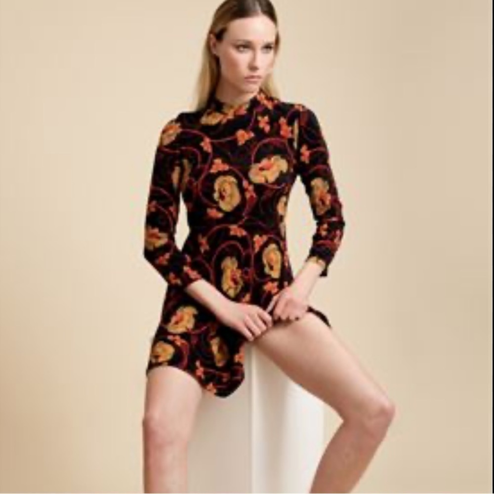 ZARA 70s High Neck Zip Long Sleeve Printed Flounce Tunic Short Stretch Dress - Picture 2 of 8